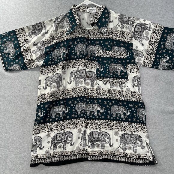 Sopheap Angkor Mens XL Elephant Print Green Ivory Button up Shirt woven - Picture 1 of 15